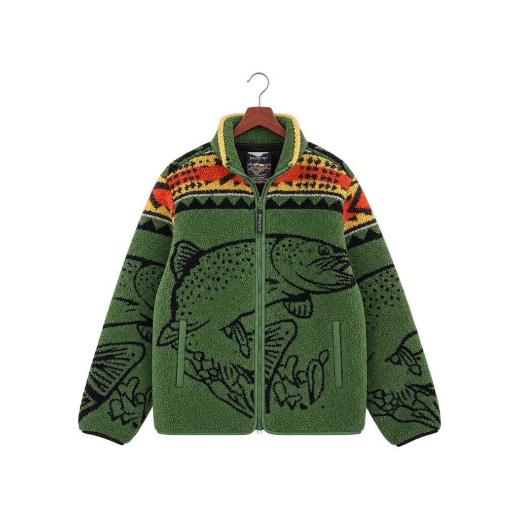 Green patterned fleece jacket
