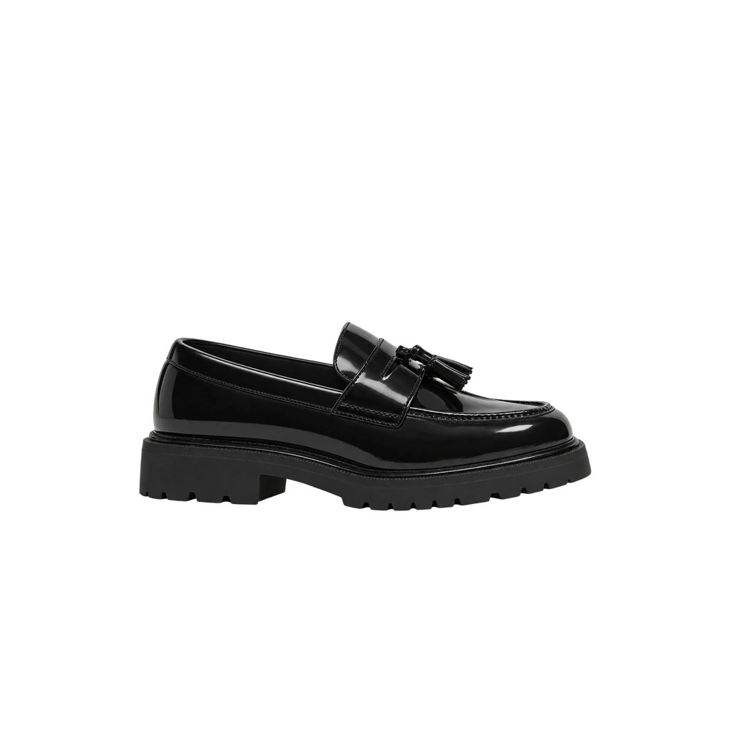 Black patent tassel loafers